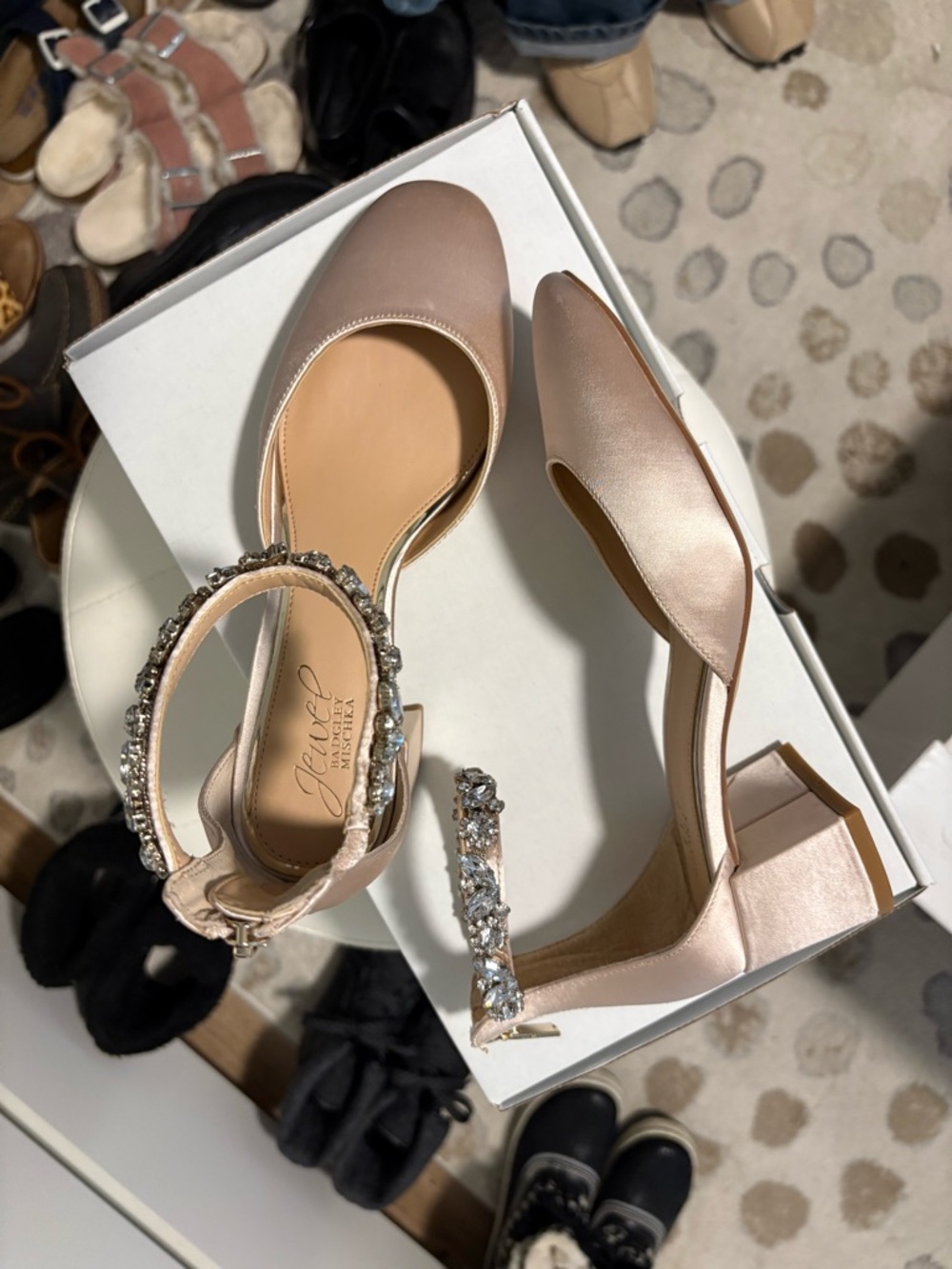 Jewel Badgley Mischka Rose Gold Satin Crystal-Ankle Strap Block Heels